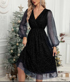 Zingj New V-Collar Elegant Slim Solid Color Stitching Mesh Perspective Sprinkling Powder Dress Female-Outfit