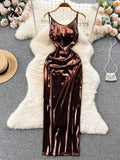 Sexy Bodycon Satin Camis Dress Backless High Waist Fashion Hollow Out Shiny Summer 2023 Women Party Long