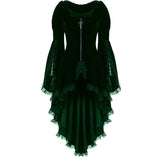 Winter Women Gothic Dress Solid Short Front Long Back Sundress Red Green Black Vintage Lace High Low Women