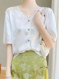 Chinese Style Simple T-Shirt Women's V-Collar 2024 Summer Loose Large-Size Short-Sleeved Shirt Dark Flower