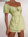 Polka Dot Women's Suits Summer V-Neck Hollow Out Lace Up Lantern Sleeve Prairie 2 Pieces Elastic Waist Shorts