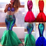 Women Girl Mermaid Halloween Cosplay Costume Fancy Party Tail Maxi Skirt Sparkle Sequins Long Dress Tail