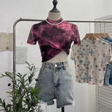 Real Shooting Retro Tie-Dye Double-Layer Mesh Half-High-Neck Short-Sleeved T-Shirt T-Shirt Short-Sleeved T-Shirted Woman