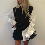 2021 Women Fashion With Ribbed Trim Cable-knit Long Sweater Vest Vintage High Neck White Oversize Female Waistcoat