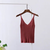 Sexy Knitted Crop Top Crop Sleeveless Cropped Vest Slim Sling Knitted Tank Top V-neck Plain Camisole High Elastic