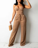 New Pre-fall Women Sexy Zipper Back Cami Top & Wide Legs Contrast Pipping Pants Set Summer Fashion Two Piece Suits