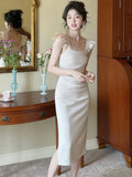 Women Elegant Sleeveless Midi Slim Dress Solid Office Lady One Piece Femme Fashion Vestidos