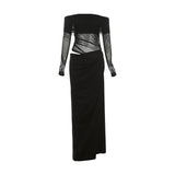 2025 New Women's Temperament Sexy Shoulder Mesh Perspective Long Dress Dress