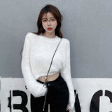 Sweater For Women Sweet Faux Mink Hairy Pullover O Neck Long Sleeve Loose Short Sweater Lady Casual Soft Warm