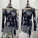 Long-Sleeved Irregular Design Small T-Shirt Women's Autumn Dress Print Hollow Tight Hottie Top