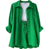 Women's Wrinkle Collar Long-Sleeved Shirt High-Waisted Rope Shorts Fashion Casual Two-Piece
