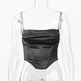 Multi-Layer Diamonds Strap Tank Tops For Women Sexy Backless Clubwear Camisole Satin Lace Up Slim Top Bodycon