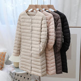 Light Down Jacket Female Medium Long Round Collar Fashion Coat With V-Neck Warm Large Size Inner Bladder Coat Tide-Outfit