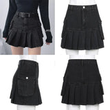 Pleated Denim Skirts Women Dark Academia Fashion Skirts Goth Black High Waist Skirt 90s Korean Pockets