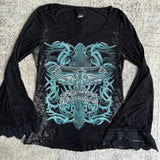 Lace Trim Flare Sleeve Autumn Tees Diamonds Vitnage Graphic T-shirt y2k Fiairy Grunge Black Tops Harajuku Female