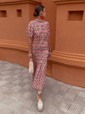 Women Pleated Printed Contrast Fishtail Dress Female Short Puff Sleeve Ruffles Dresses Ladies Vacation Elegant