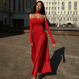 Off-Shoulder Long Sleeve Flare Maxi Dress- Outfit