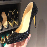 Black Rivet Patent leather Shoes Women Pumps Sexy Pointed Toe 12cm High Heels Wedding Colored Studded Heels MD031