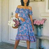 Queens Women Floral Print Short Sleeve Beach Bohemian Midi Dresses Ladies Sexy Off Shoulder Boho Dress
