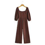 Queens Women Solid Cotton Half Sleeve Backless Wide Leg Boho Pants Rompers Bohemian Square Collar