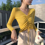 Sexy lace up knitting pullover top Fashion autumn winter sweater women Chic pink V-neck knit slim jumper pull