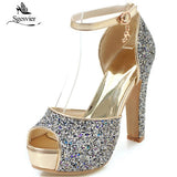 SGESVIER Summer Thick Heels Women Sandals Ankle Strap Buckle Shoes Woman PeepToe Platform Wedding Party Shoes Size 31-43