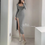 New Sexy Square Collar Solid Color Elastic Thin Temperament Simple And Fashion Long Sleeve Sexy Women Dress