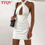 Sexy Halter White Dress Woman Summer Bodycon Sleeveless Hollow Out Mini Dress Ladies Elegant Slim Backless Party