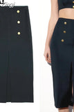 Black Long Skirts For Women Fashion 2023 Button Mid-Waist Midi Skirt With Slit Textured Summer Elegant Women's Skirts