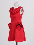 French Elegant Windy High-Waist Three-Dimensional Flower Dress 2025 New Sleeveless Design Solid Color Retro