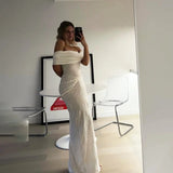 Knit Off-Shoulder Pleated Wrap Maxi Dress- Outfit