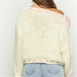 White Pink Ribbion Trim Sweater-Outfit