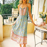 Queens Women Elegant Floral Print Sleeveless Beach Bohemian Midi Dresses Ladies Rayon Cotton Boho Dress