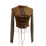 Real Shoot Spice Girls Strap Spliced Pu Skin Repair Slim Semi-High Collar Long Sleeve Top Short T-Shirt