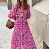 Spot 2025 Women's Summer New Short Sleeve Medium And Long Bohemian Print