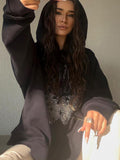Y2K Street Style Rhinestones Trim Oversized Black Hoodies Grunge Aesthetics Long Sleeve Fire Print Loose Sweatshirts