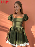 Sexy Squar Collar Elegant Dresses For Women Summer Green Short Sleeve Office Mini Dress Fashion Spliced Female
