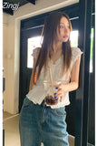 Out White Korean Edible Tree Fungus Shirts V Neck Tanks Crop Tops Y2k Ballet Chic Women Slim Waist Folds Camisas