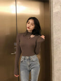 Spring Autumn Women's High neck Hollow Long Sleeve Slim T-shirt Pullover Ladies Sexy Button Top Women Fashion