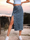 Fashion New Single Breasted Knee Length Denim Skirt Women Streetwear Casual Pocket High Waist Straight Jeans