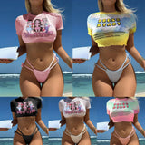 2023 New Portrait Print Rope Strap Three-Piece Swimsuit Swimsuit Bikini