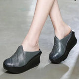 2021 Genuine Leather Women Slippers 8 CM High Heels Wedges Summer Shoes Platform Retro Handmade Women Leather