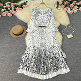 Zingj New Women's Dress Oversized Skirt Print Pleated Waist Lace Holiday