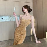 Sequins Midi Dresses for Women 2023 French Style Velvet Sleeveless Backless Slim Female Clothes Elegant Party Evening