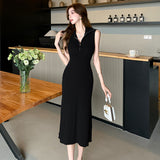 Zingj Lapel Zipper Strip Sleeveless Knitted Dress Female Summer Hong Kong Style Retro Style Skinny