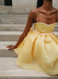 Yellow Plaid Puff Babydoll Mini Dress-Outfit