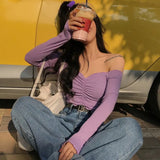 Sexy Off Shoulder T Shirt Women Fashion Casual Solid Color Tshirt Trendy Slim Crop Tops New Long Sleeve