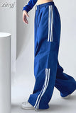 Streetwear Striped Cargo Pants Women High Waist Pockets Americam Casual Trousers Harajuku Loose Chic Patchwork