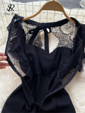Lace Splice Hollow Out Dress French Style Summer Women Zipper O Neck Elegant Ladies Split A Line Solid