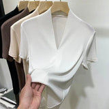 Blouses and Shirts Summer Clothes for Women V Neck Green Blue Gray Slim Skinny Shirts Short-sleeved Top Women's
